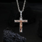 Artisan-Carved Copper Jesus Cross Pendant - Moissanite-Encrusted Hip Hop Religious Necklace