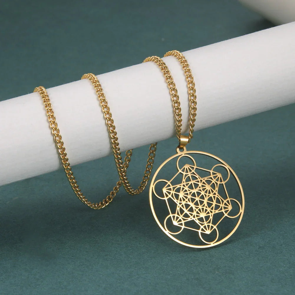 Stainless Steel Metatron's Cube Necklace Pendant Sacred Geometry Amulet Jewelry