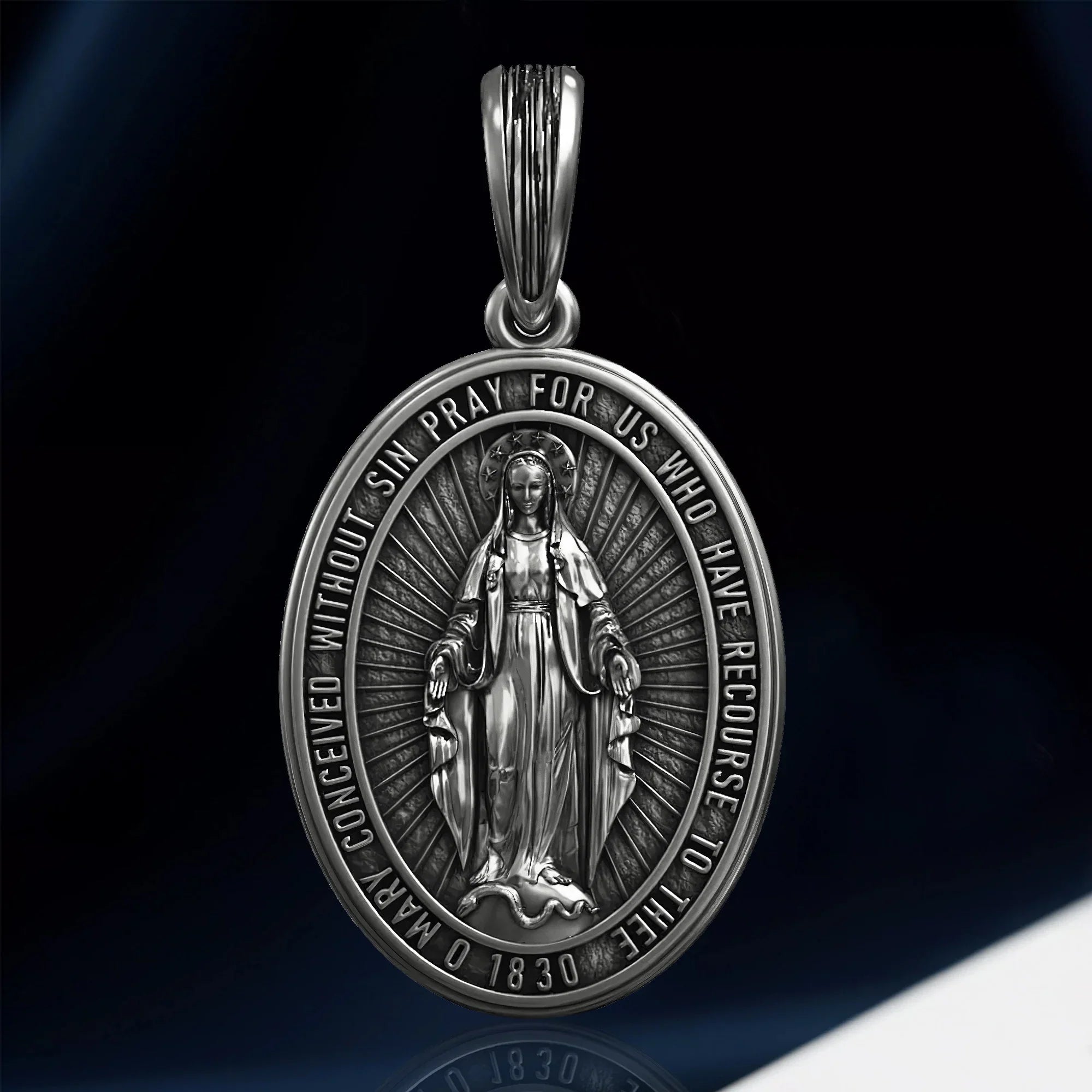 S925K Silver Miracle Medal English Version Inscription Necklace