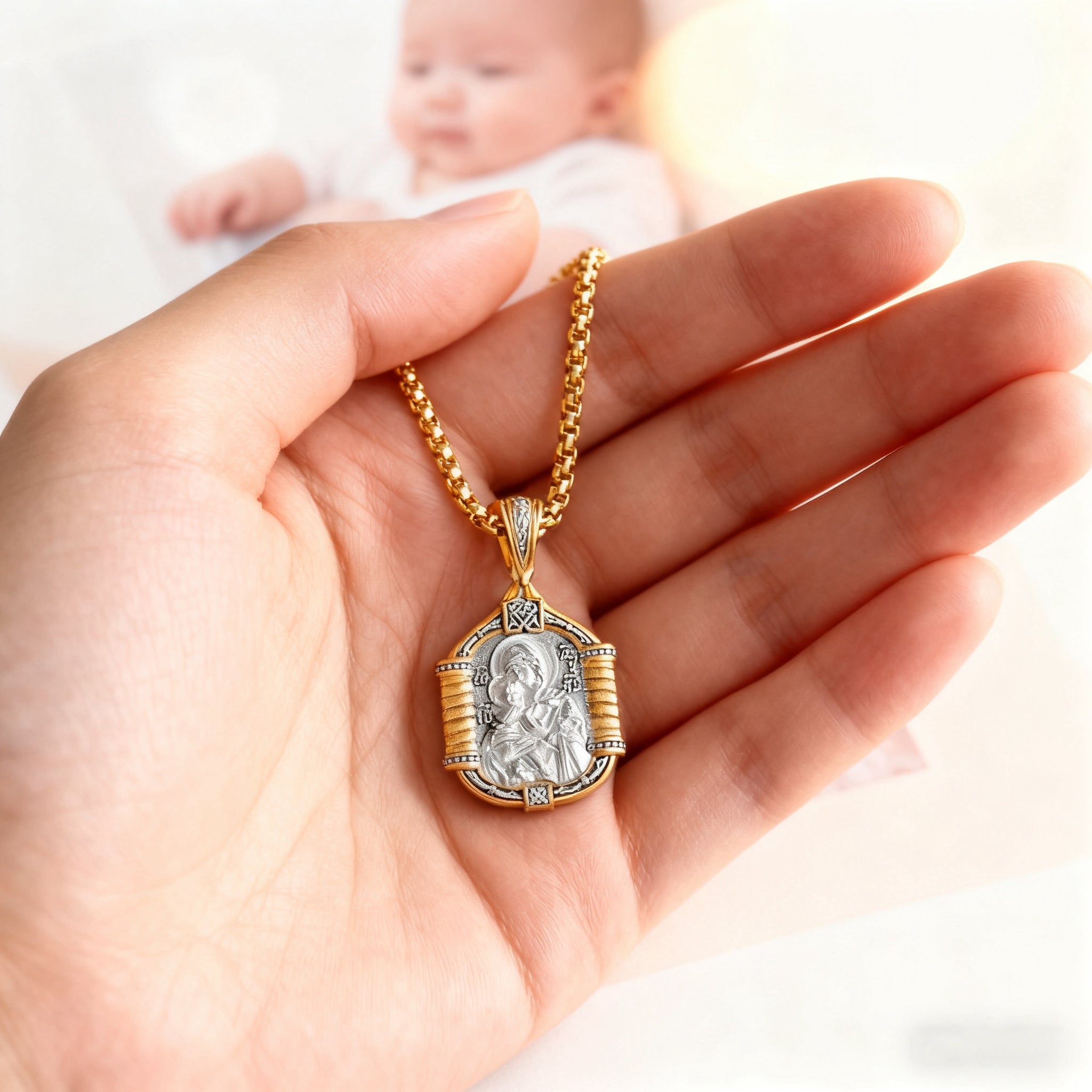 Handmade S925K Silver Madonna Holding Child Necklace