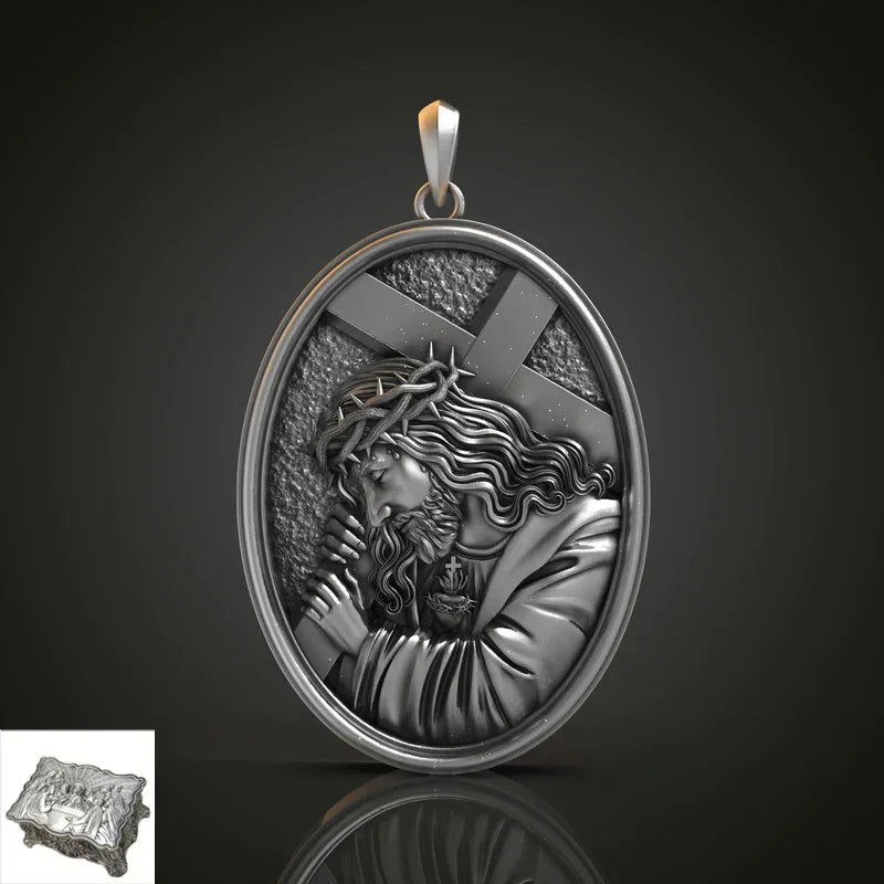 Divine Grace: Jesus Carrying the Cross with Sacred Heart S925 Sterling Silver Pendant Necklace