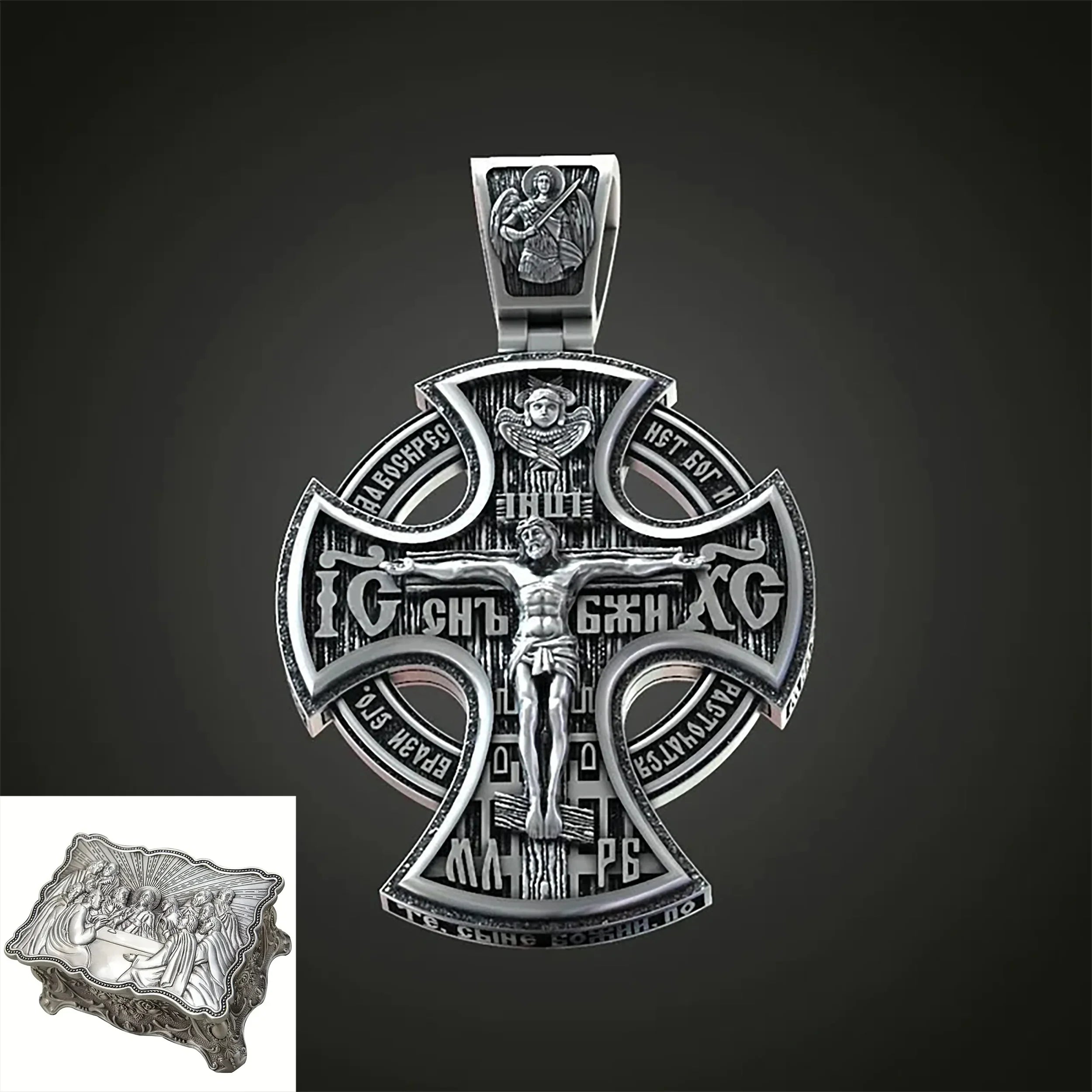 Double Sided 925 Sterling Silver Religious Pendant - Crucifixion of Christ & St. Michael Medal - Choose from 5 Chain Styles - Free Polishing Cloth
