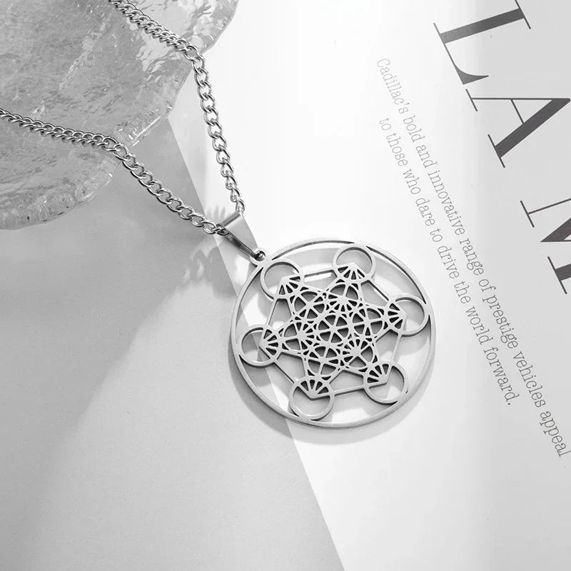Stainless Steel Metatron's Cube Necklace Pendant Sacred Geometry Amulet Jewelry