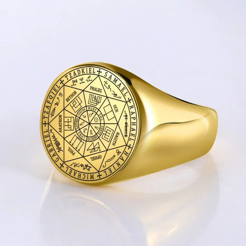 Vintage Titanium Seven Archangel Signet Ring - Amulet Against Evil Eyes, Curses, Spells