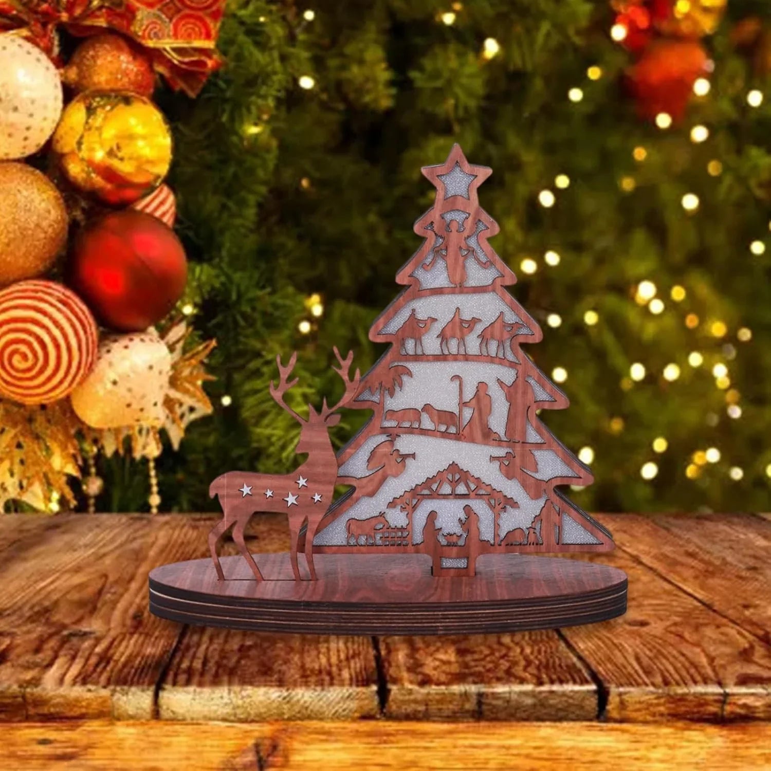 Illuminated Christmas Tree Nativity Scene Ornament with Reindeer
