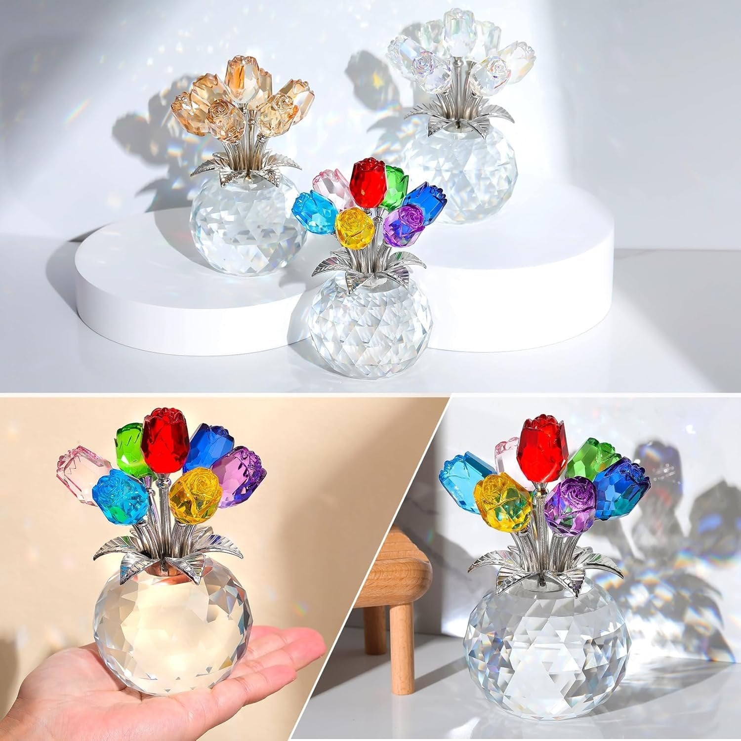 🔥Last Day 50% OFF - ❤️🌹Crystal Colorful Rose Flower Collectible Figurine with Vase💋