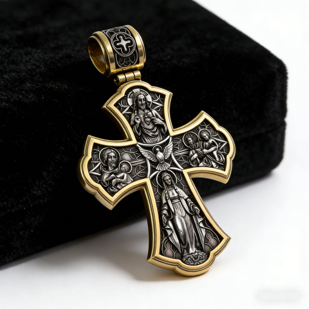 Holy Family of Mary Sacred Heart of Jesus IHS Double-Sided S925 Sterling Silver Cross