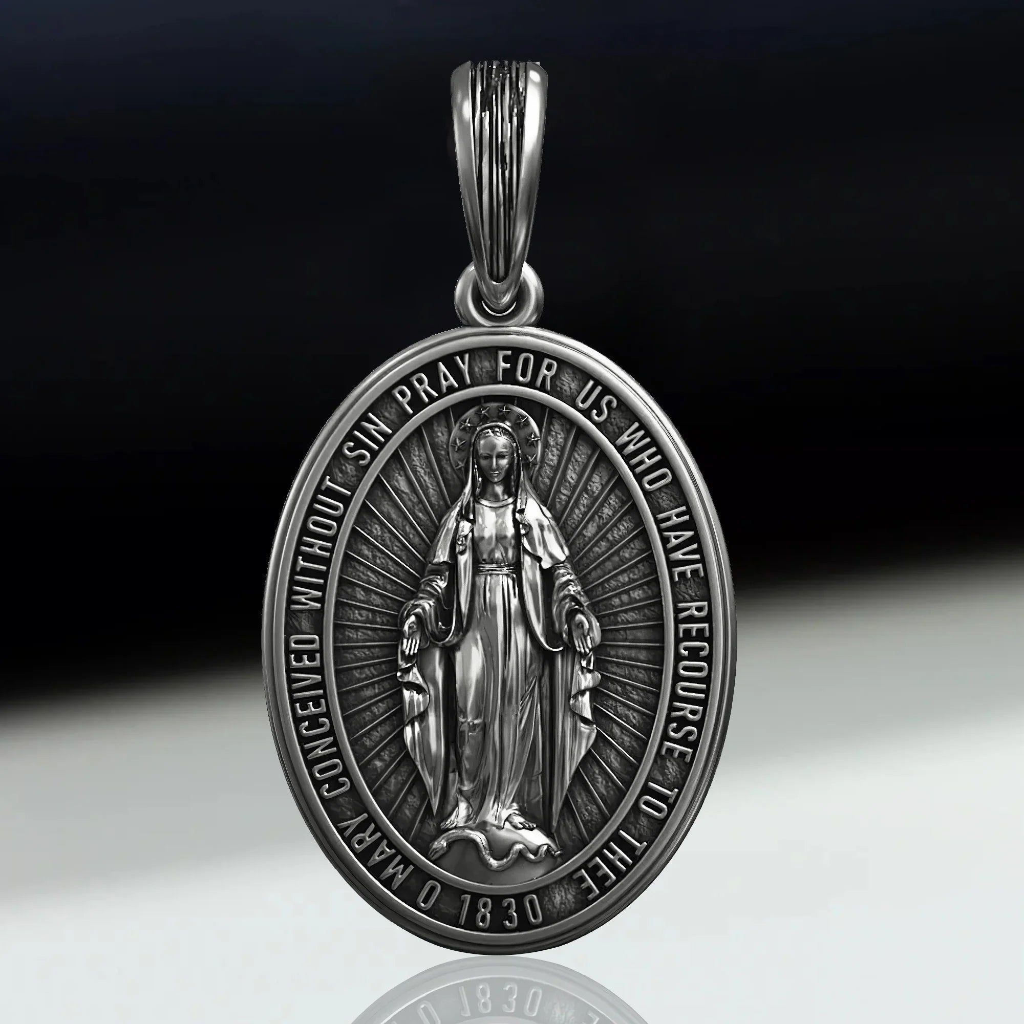 S925K Silver Miracle Medal English Version Inscription Necklace