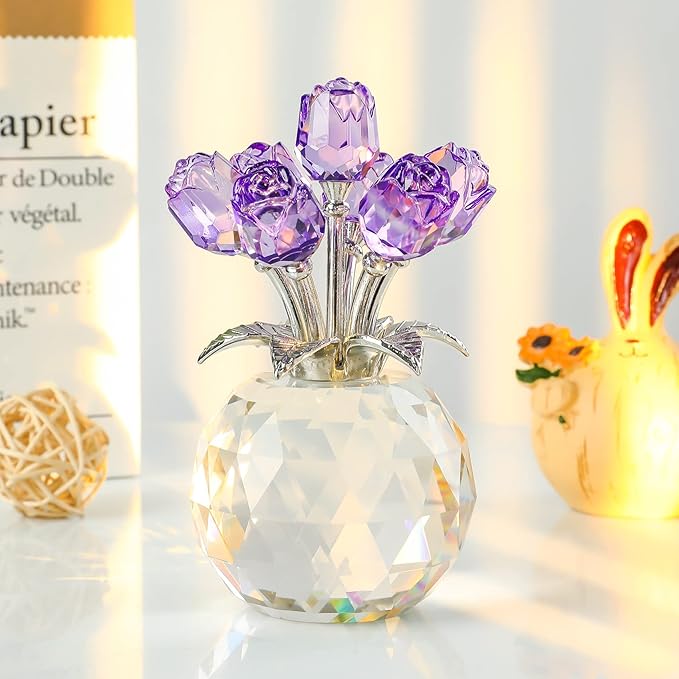 🔥Last Day 50% OFF - ❤️🌹Crystal Colorful Rose Flower Collectible Figurine with Vase💋