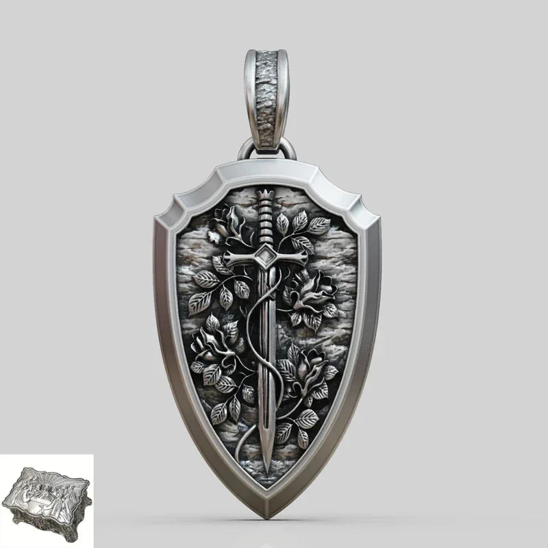 S925K Silver Necklace Sword and Shield Rose: Embedded Shield of Faith
