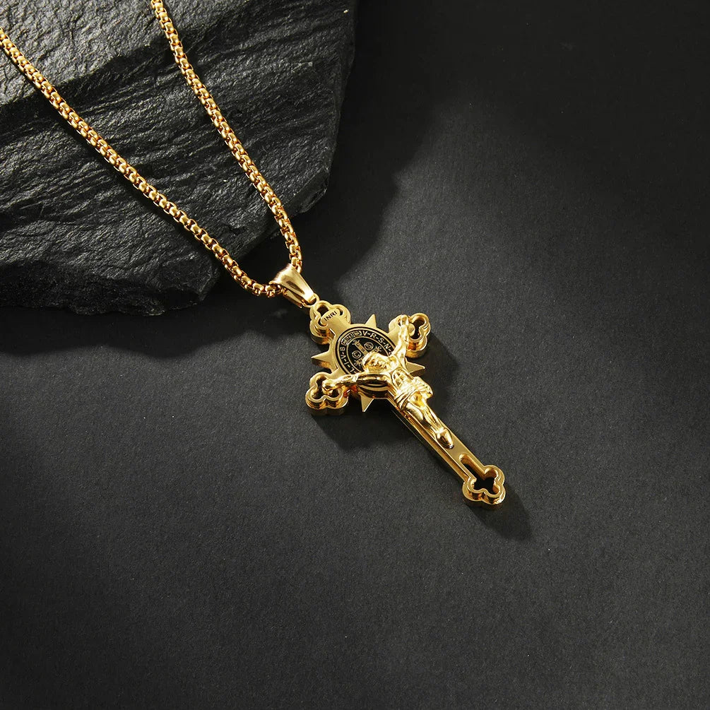 Golden St. Benedict Exorcism Cross - Blessings to you and your family