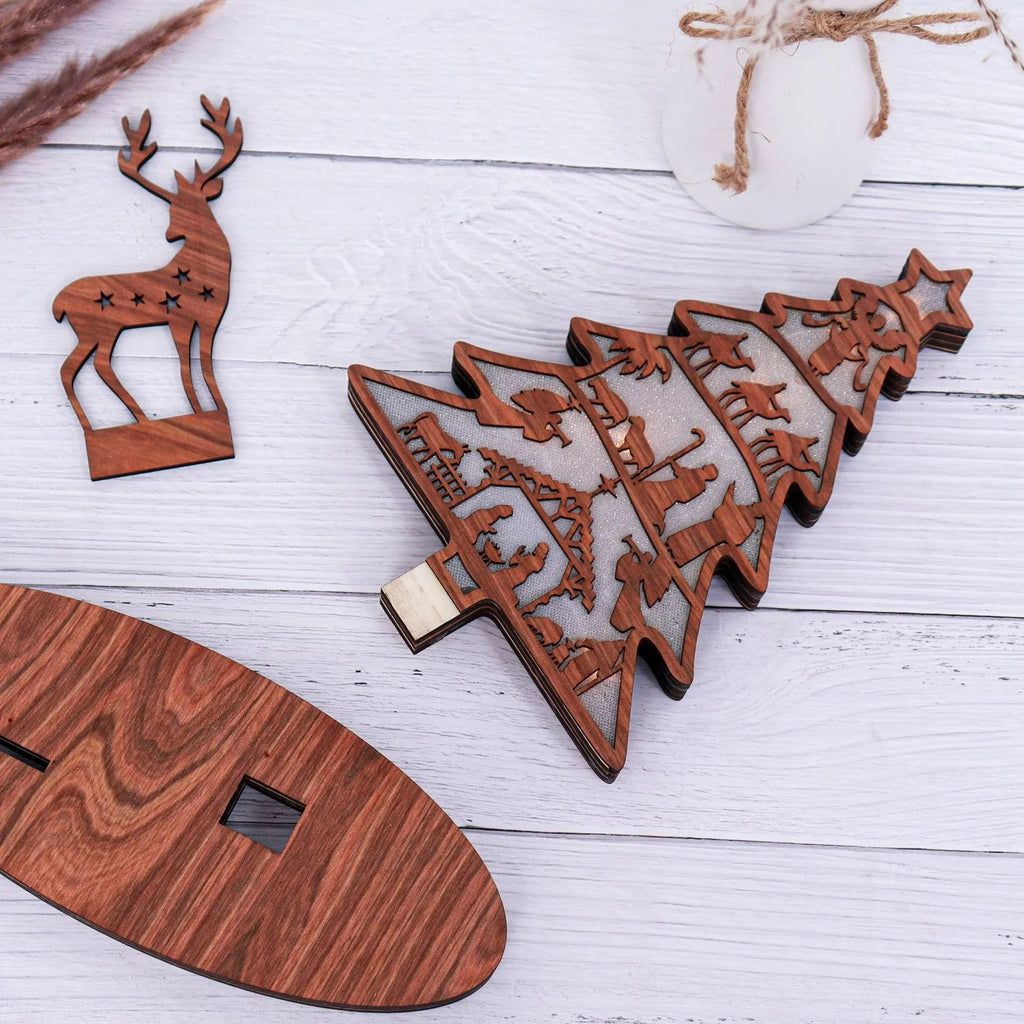Illuminated Christmas Tree Nativity Scene Ornament with Reindeer