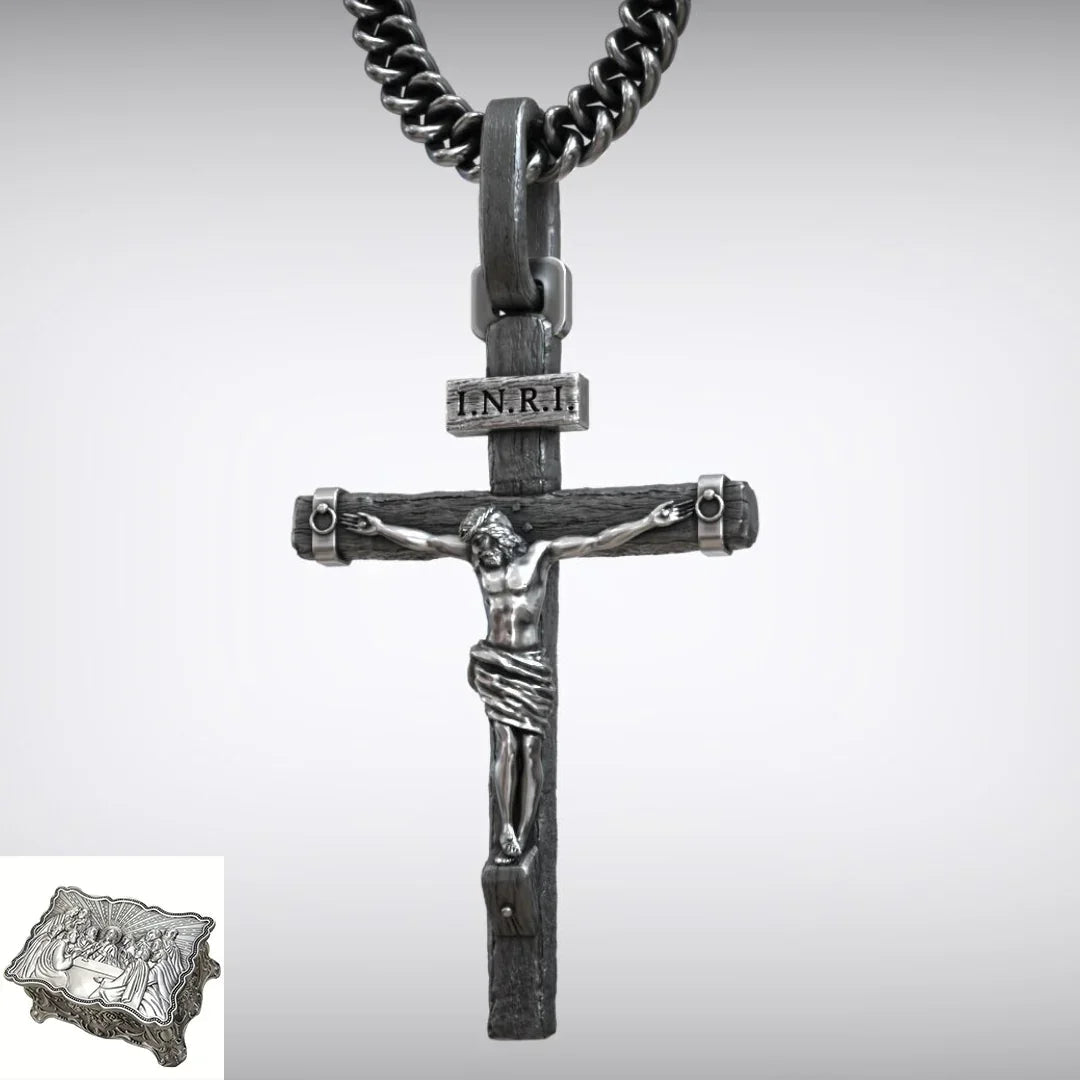 Jesus Crucifixion S925K Silver Crucifix Pendant- with 5mm Titanium Cuban Chain