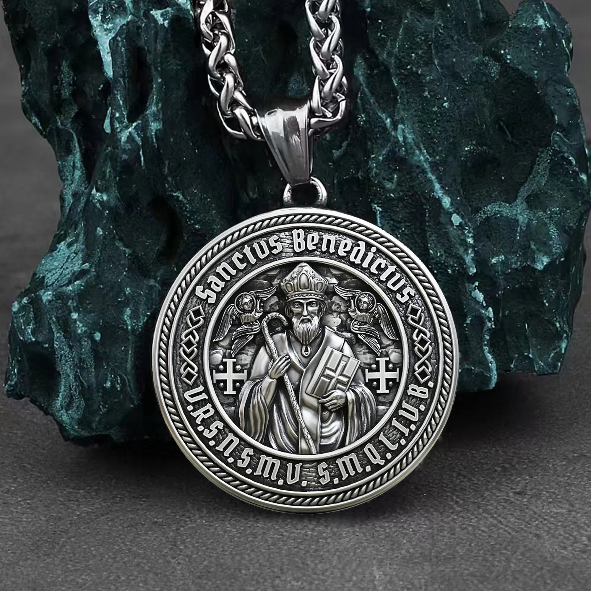 St. Benedict S925K Silver Double-Sided Engraved Amulet Pendant