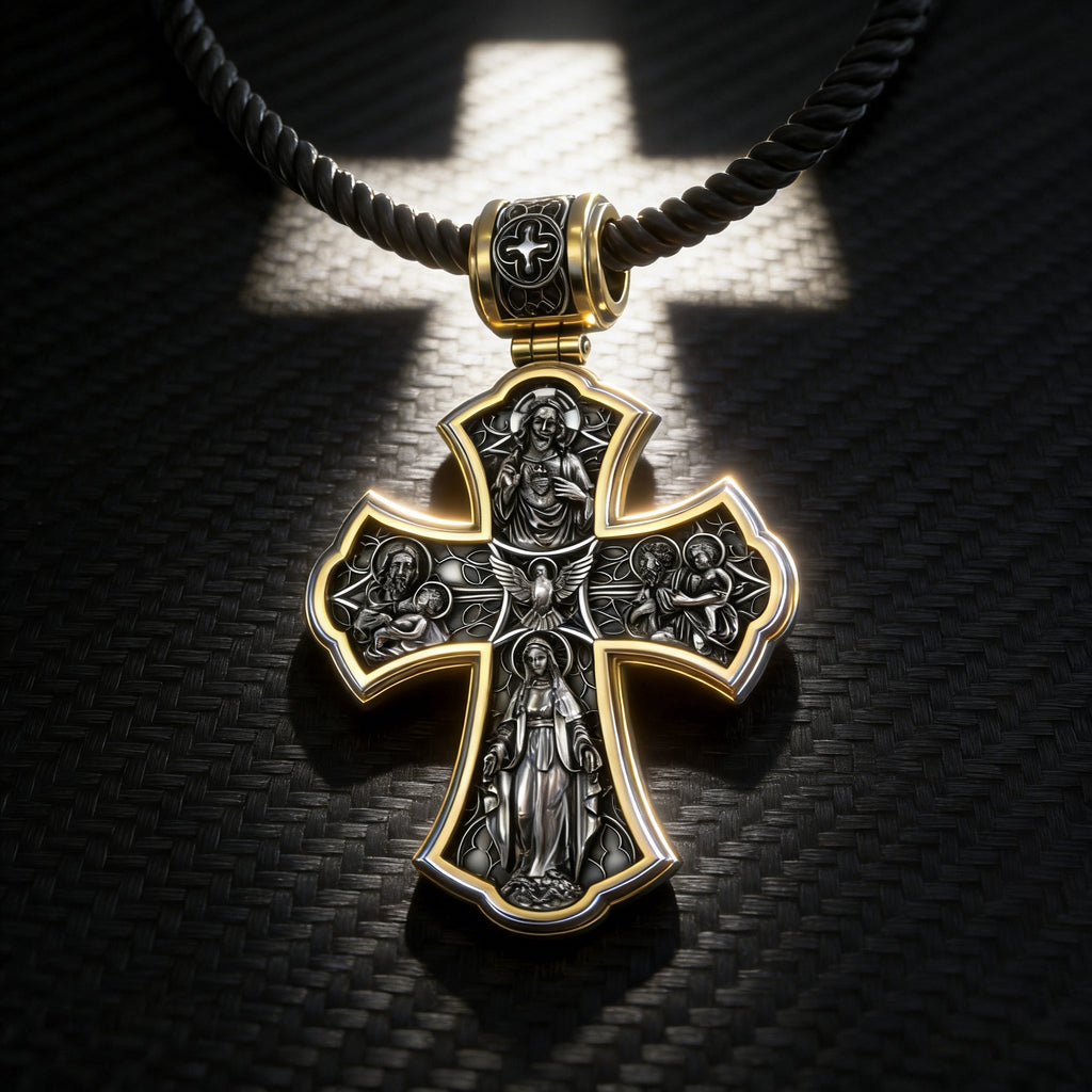 Holy Family of Mary Sacred Heart of Jesus IHS Double-Sided S925 Sterling Silver Cross
