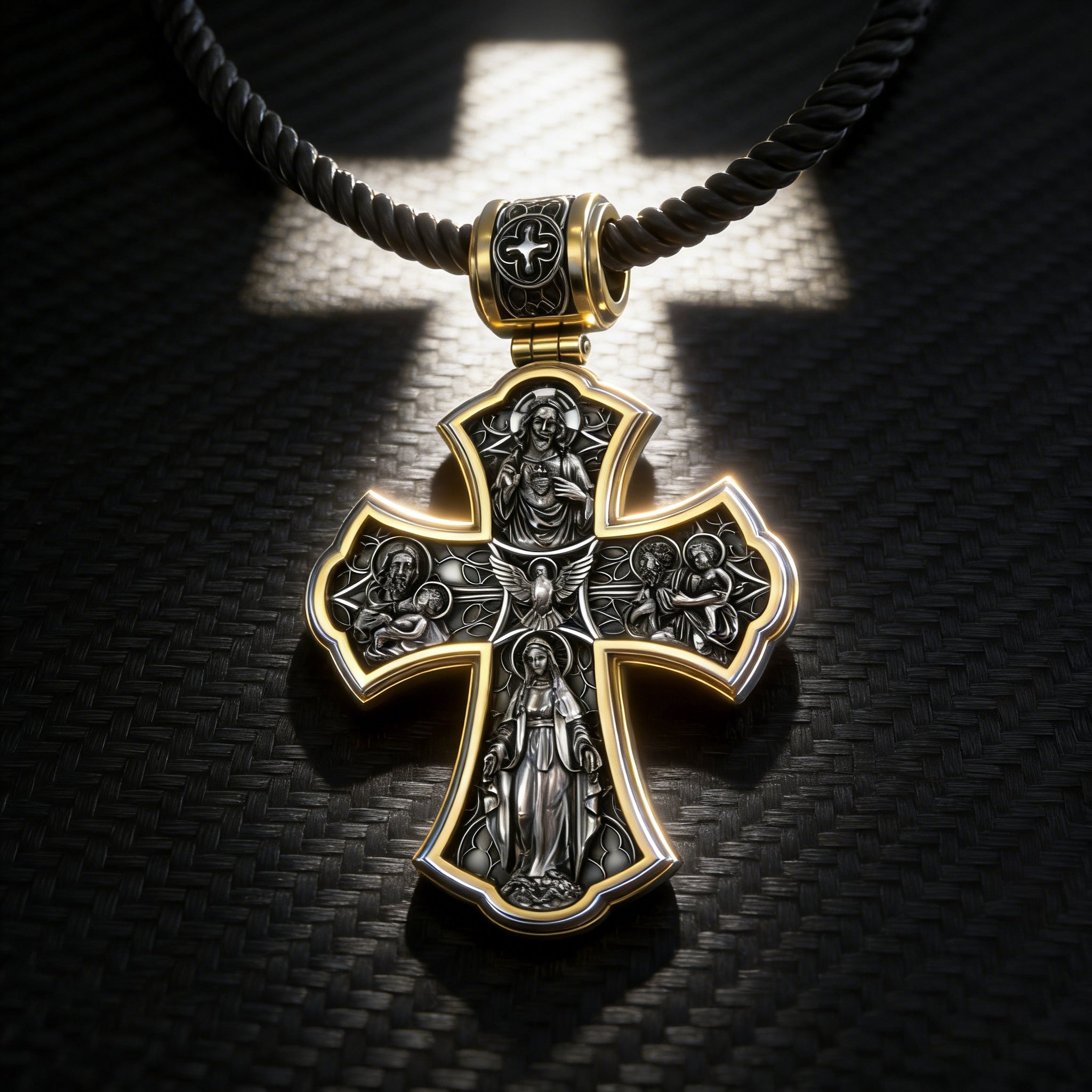 Holy Family of Mary Sacred Heart of Jesus IHS Double-Sided S925 Sterling Silver Cross