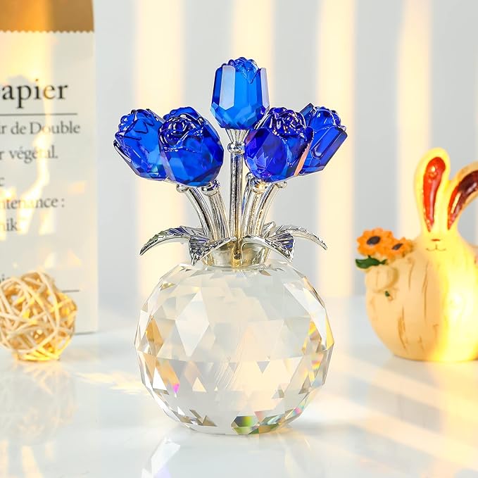 🔥Last Day 50% OFF - ❤️🌹Crystal Colorful Rose Flower Collectible Figurine with Vase💋