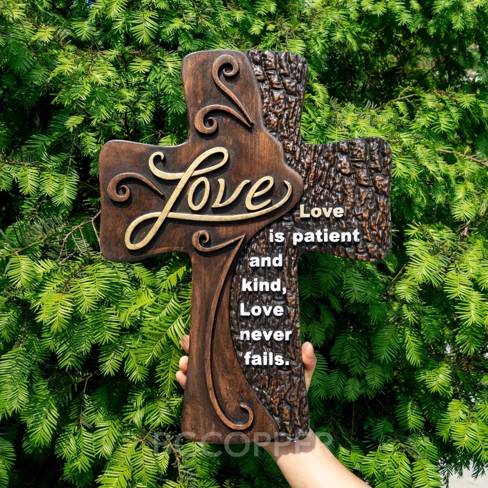 Ornate "Love" "Faith" "Hope" Wooden Cross, Solid Wood Cross