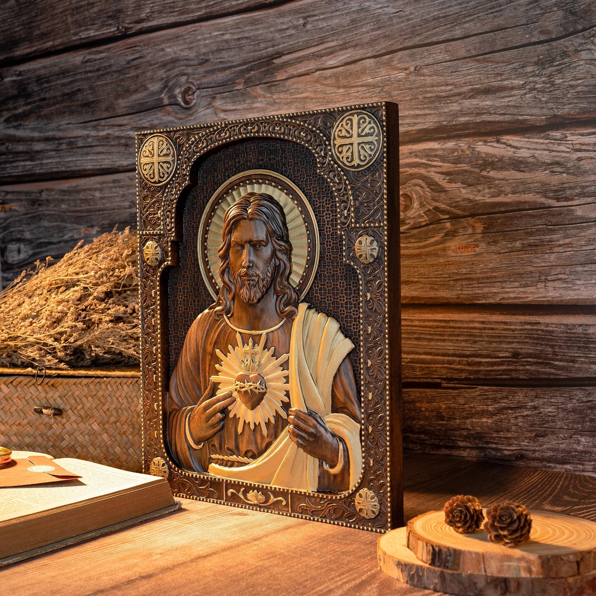 Our Lord Jesus Sacred Heart Wood Carving - Christian Catholic Personalized Carving Gift