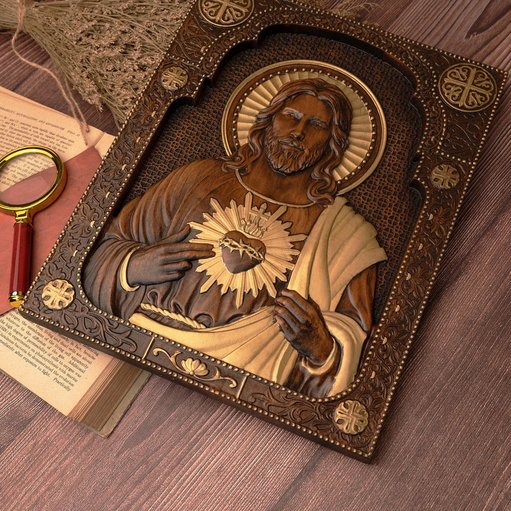 Our Lord Jesus Sacred Heart Wood Carving - Christian Catholic Personalized Carving Gift