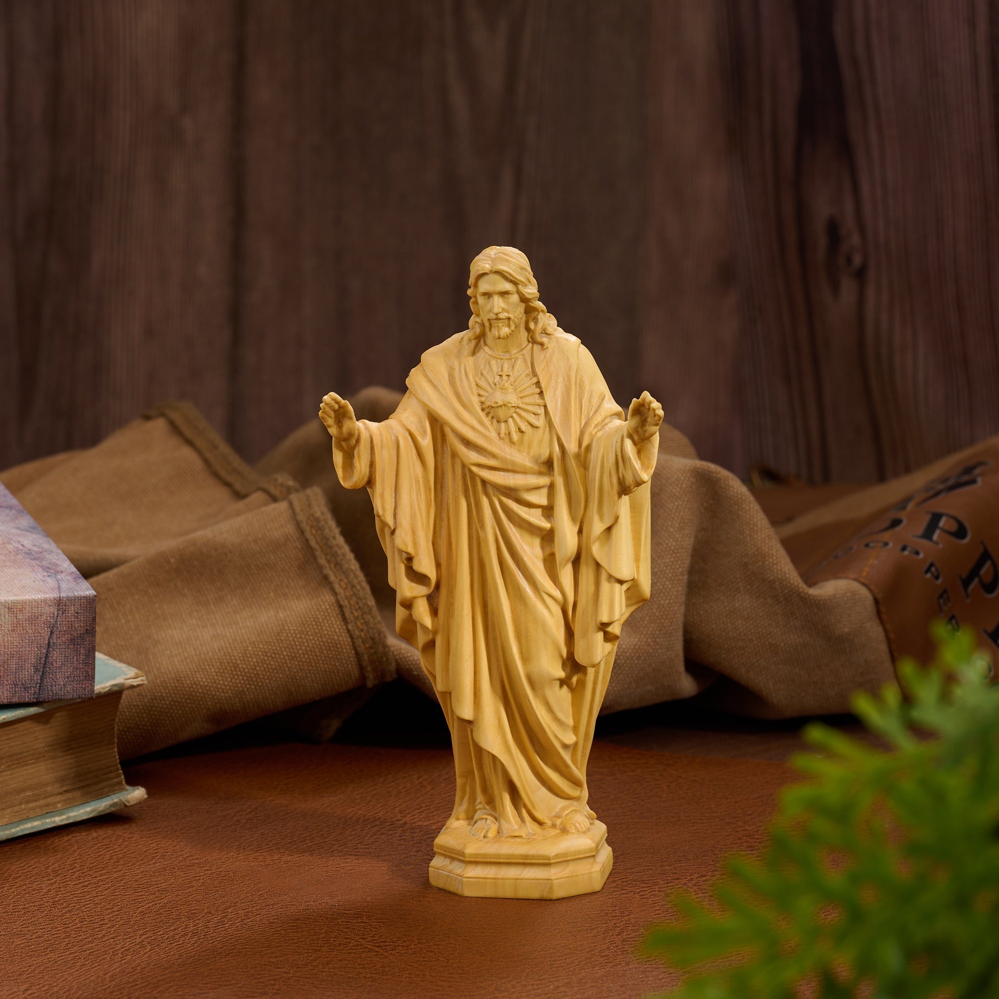 Hand Carved Sacred Heart of Jesus Virgin Mary Wooden Tabletop Ornament
