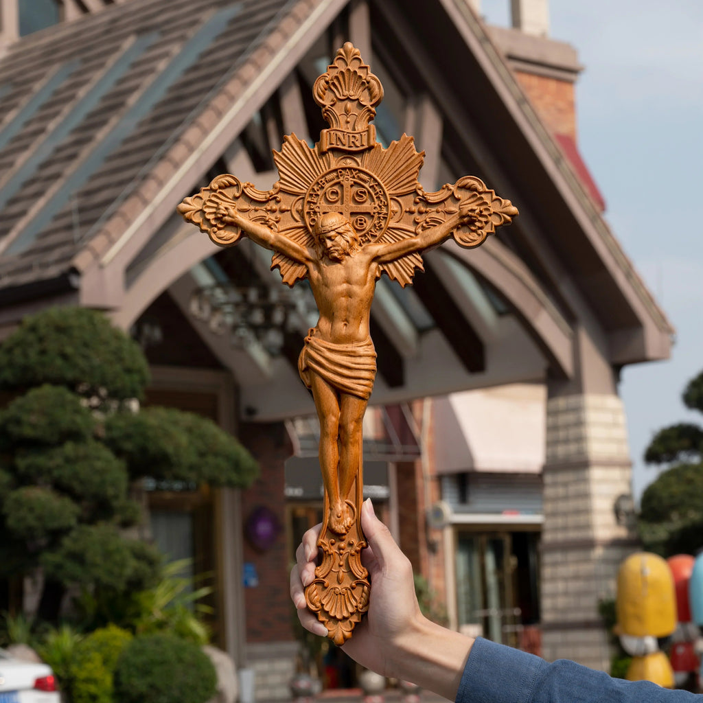 St. Benedict Exorcism Cross wood carved - Bless you and your family