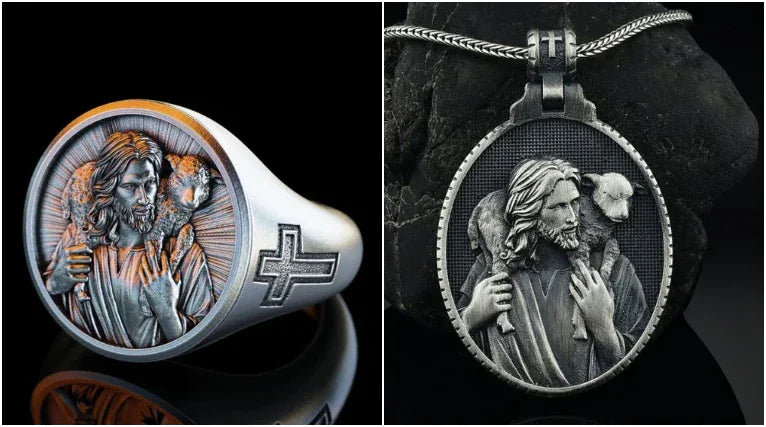Steel and Titanium Jesus Shepherd Ring