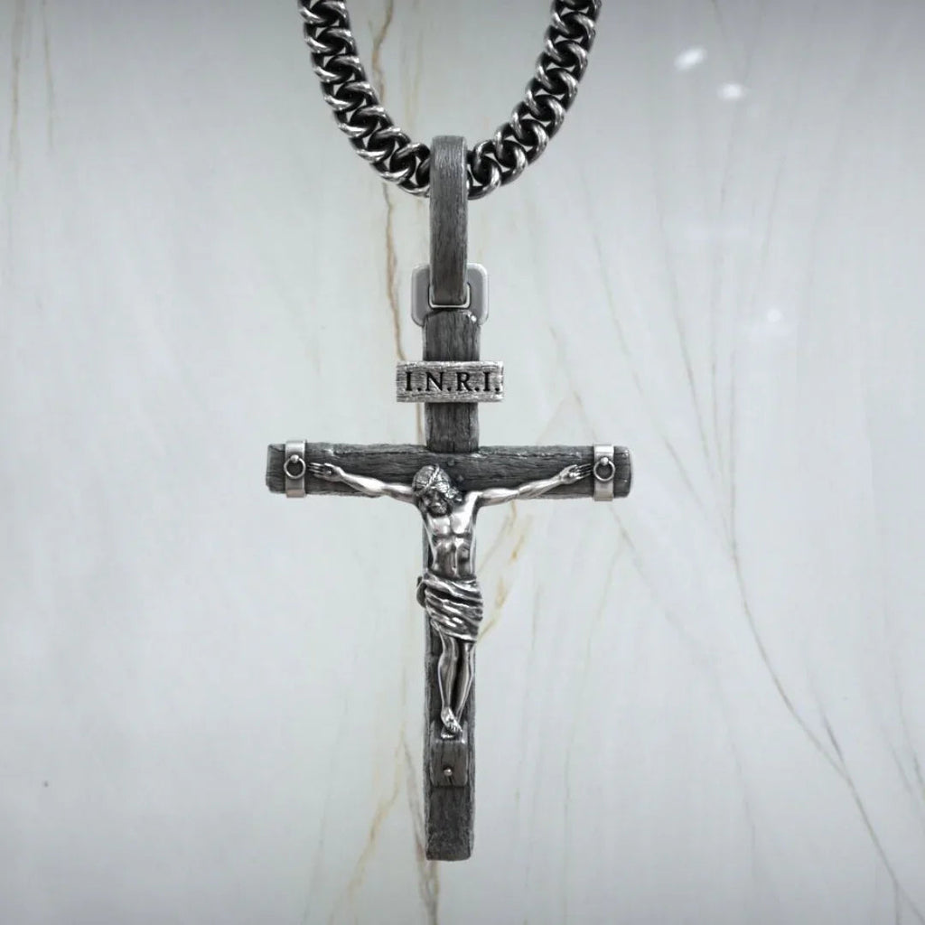 Jesus Crucifixion S925K Silver Crucifix Pendant- with 5mm Titanium Cuban Chain
