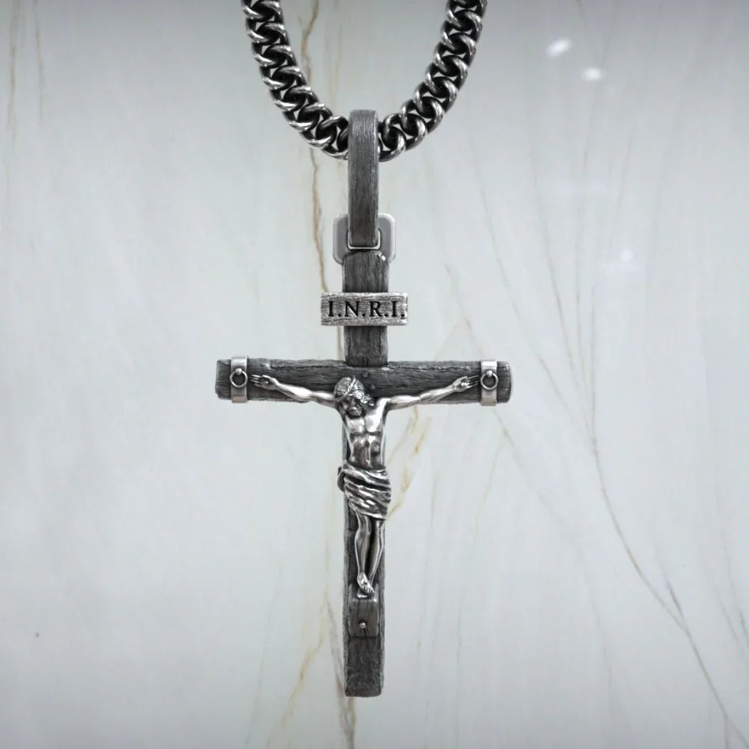 Jesus Crucifixion S925K Silver Crucifix Pendant- with 5mm Titanium Cuban Chain