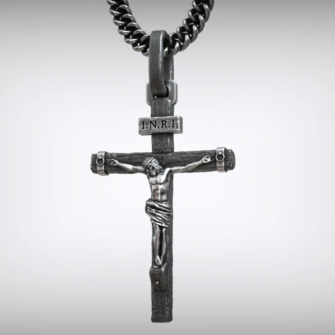 Jesus Crucifixion S925K Silver Crucifix Pendant- with 5mm Titanium Cuban Chain