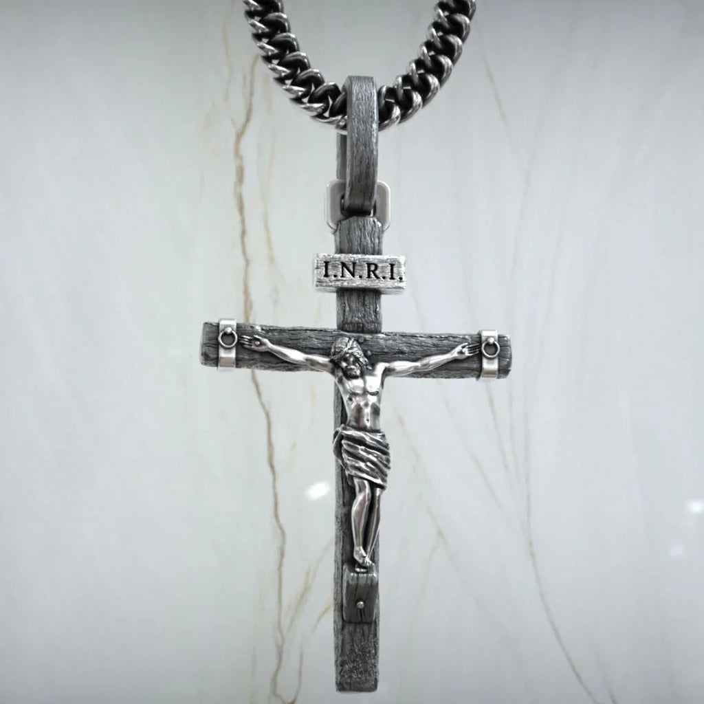 Jesus Crucifixion S925K Silver Crucifix Pendant- with 5mm Titanium Cuban Chain