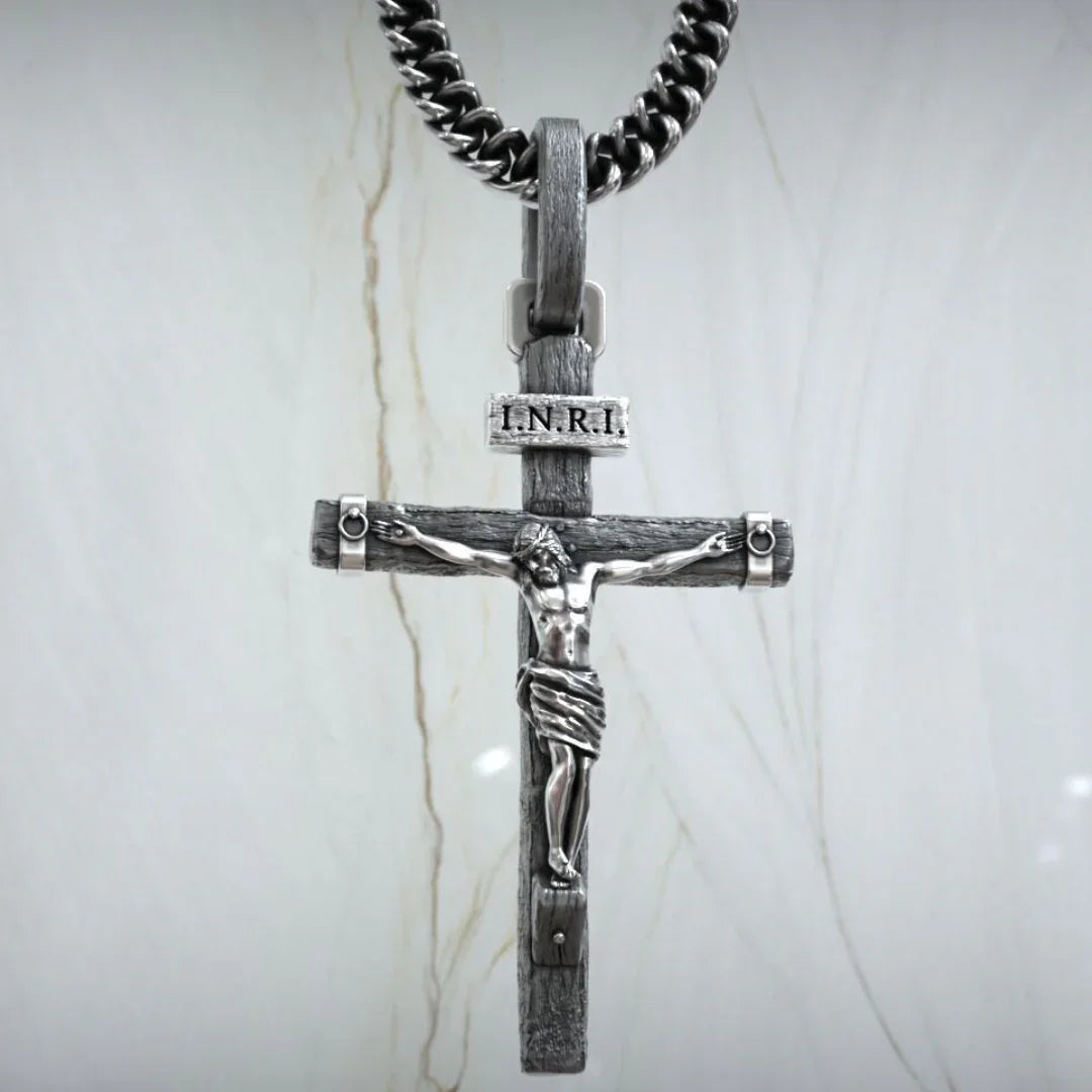 Jesus Crucifixion S925K Silver Crucifix Pendant- with 5mm Titanium Cuban Chain