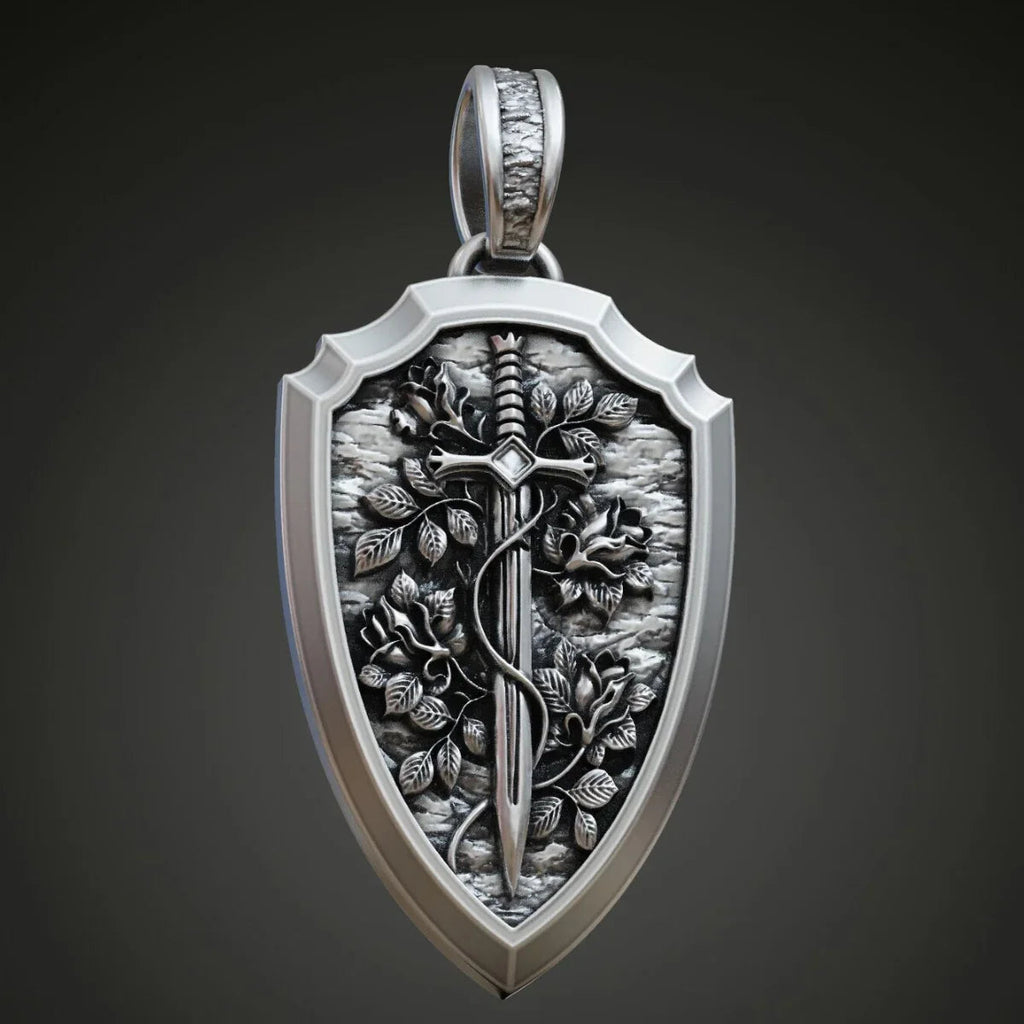 S925K Silver Necklace Sword and Shield Rose: Embedded Shield of Faith