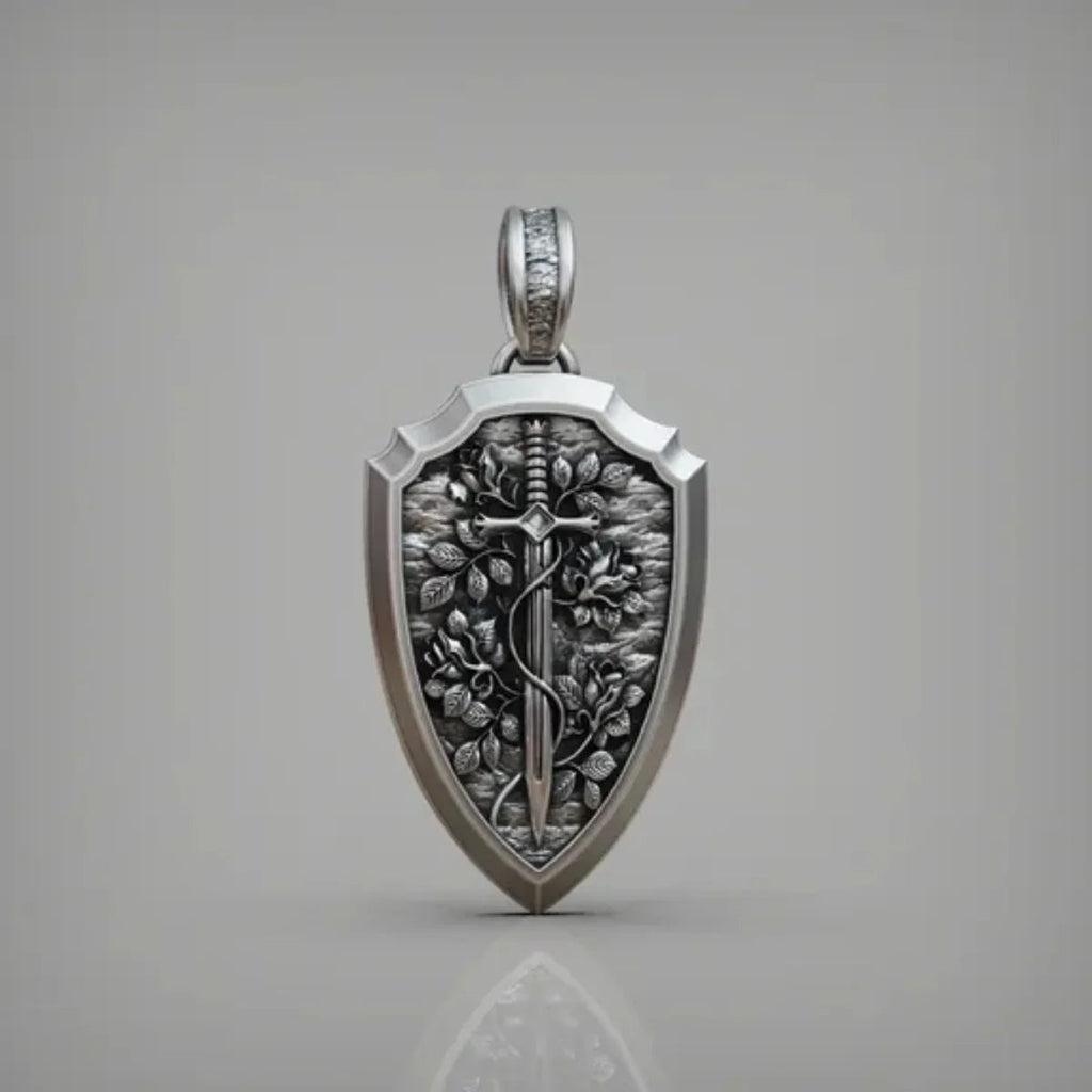 S925K Silver Necklace Sword and Shield Rose: Embedded Shield of Faith