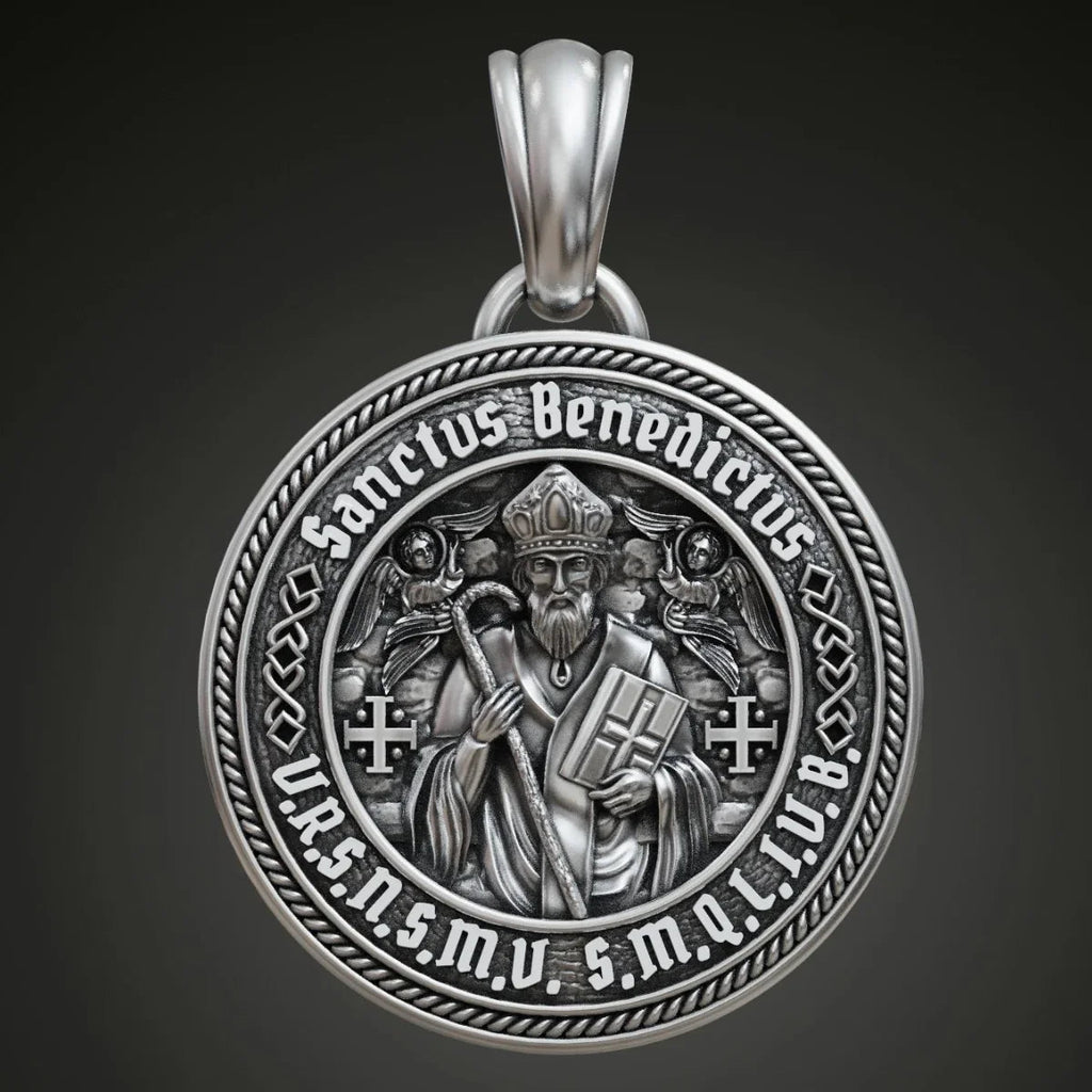 St. Benedict S925K Silver Double-Sided Engraved Amulet Pendant