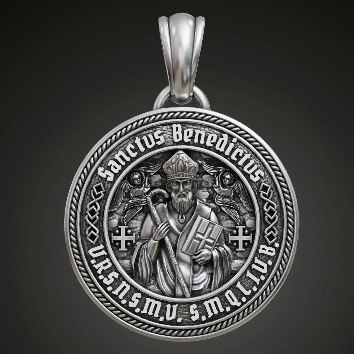 St. Benedict S925K Silver Double-Sided Engraved Amulet Pendant