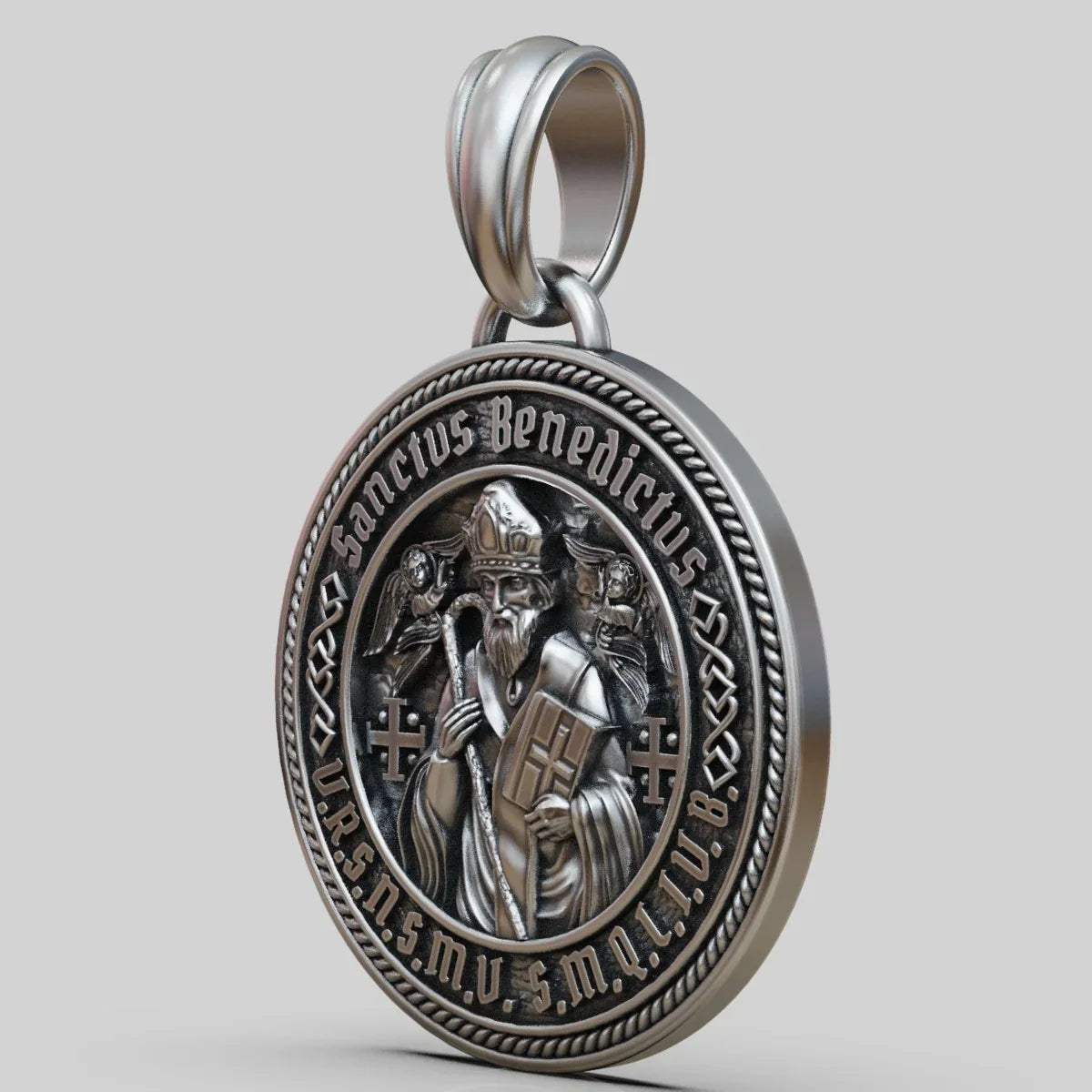 St. Benedict S925K Silver Double-Sided Engraved Amulet Pendant