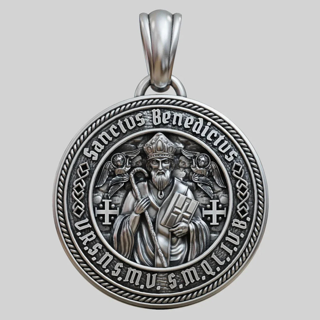 St. Benedict S925K Silver Double-Sided Engraved Amulet Pendant