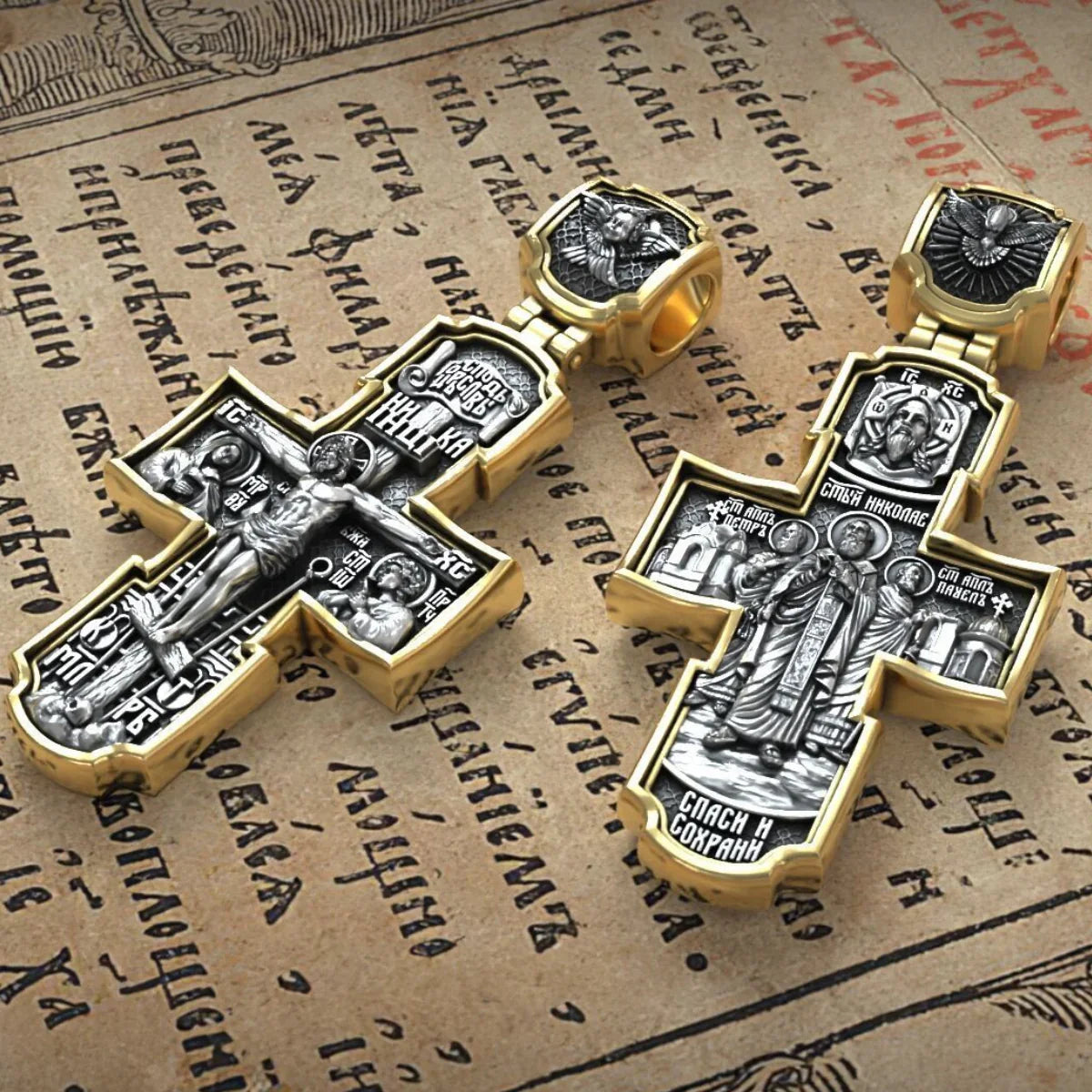 Orthodox S925K Silver Double-Sided Engraved Jesus Christ Crucified and Saints Orthodox Necklace