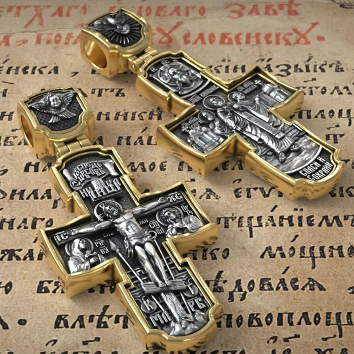 Orthodox S925K Silver Double-Sided Engraved Jesus Christ Crucified and Saints Orthodox Necklace