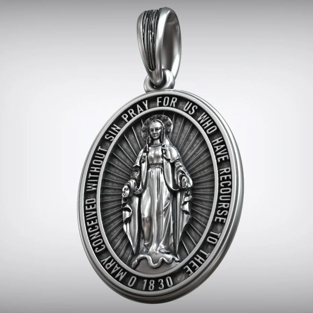 S925K Silver Miracle Medal English Version Inscription Necklace