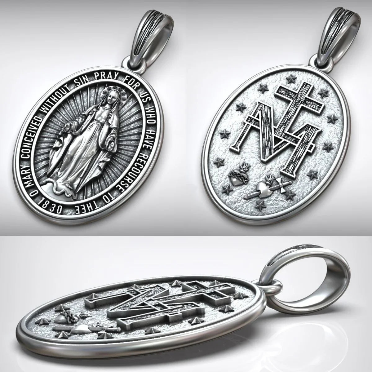 S925K Silver Miracle Medal English Version Inscription Necklace