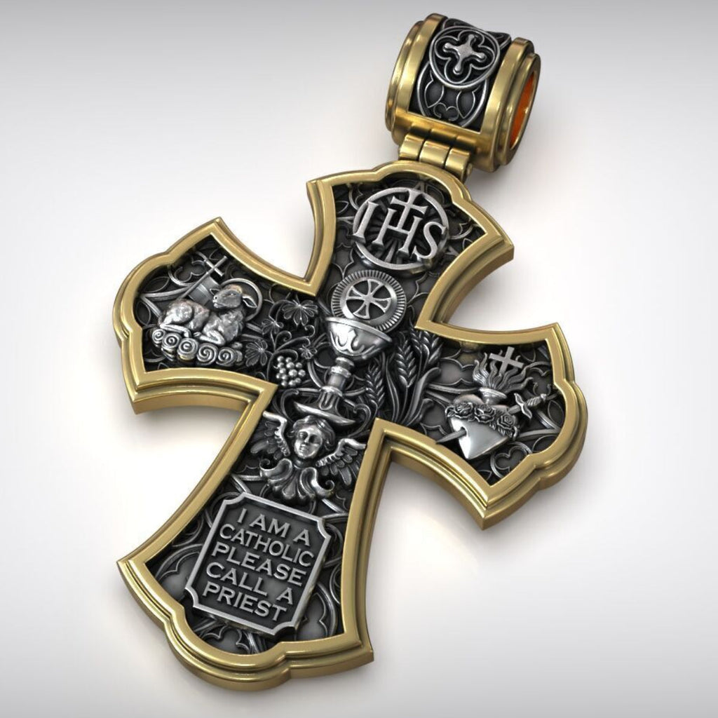 Holy Family of Mary Sacred Heart of Jesus IHS Double-Sided S925 Sterling Silver Cross