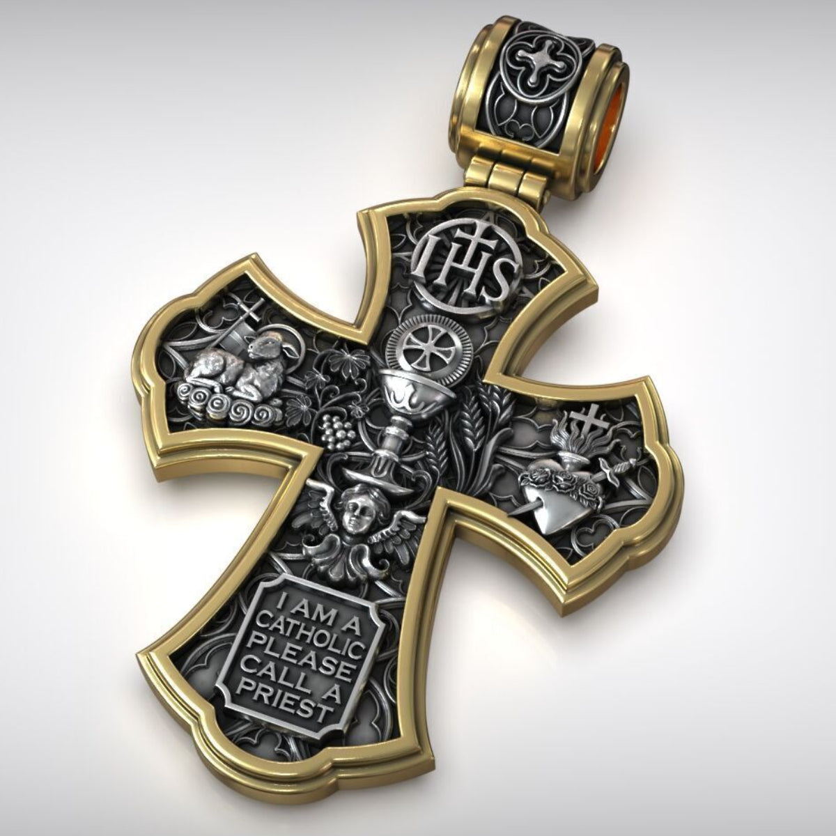 Holy Family of Mary Sacred Heart of Jesus IHS Double-Sided S925 Sterling Silver Cross