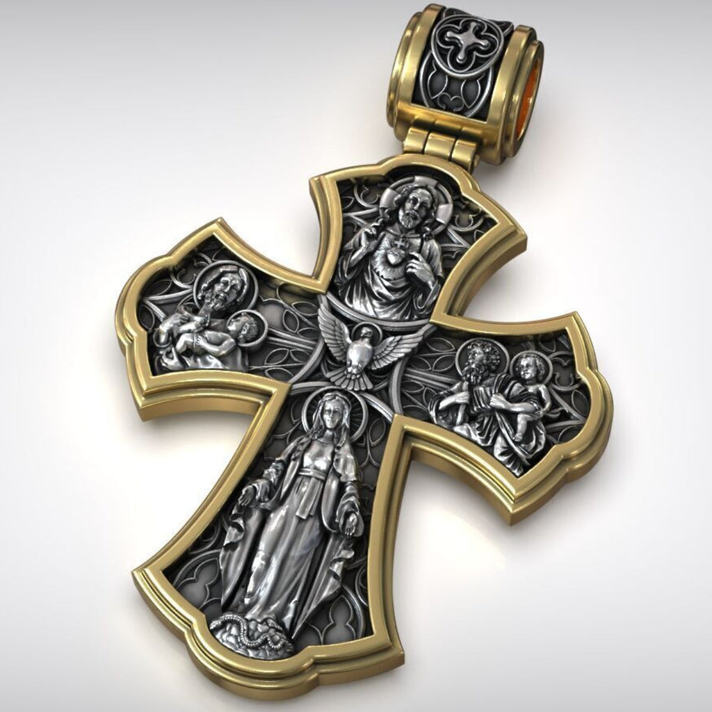 Holy Family of Mary Sacred Heart of Jesus IHS Double-Sided S925 Sterling Silver Cross