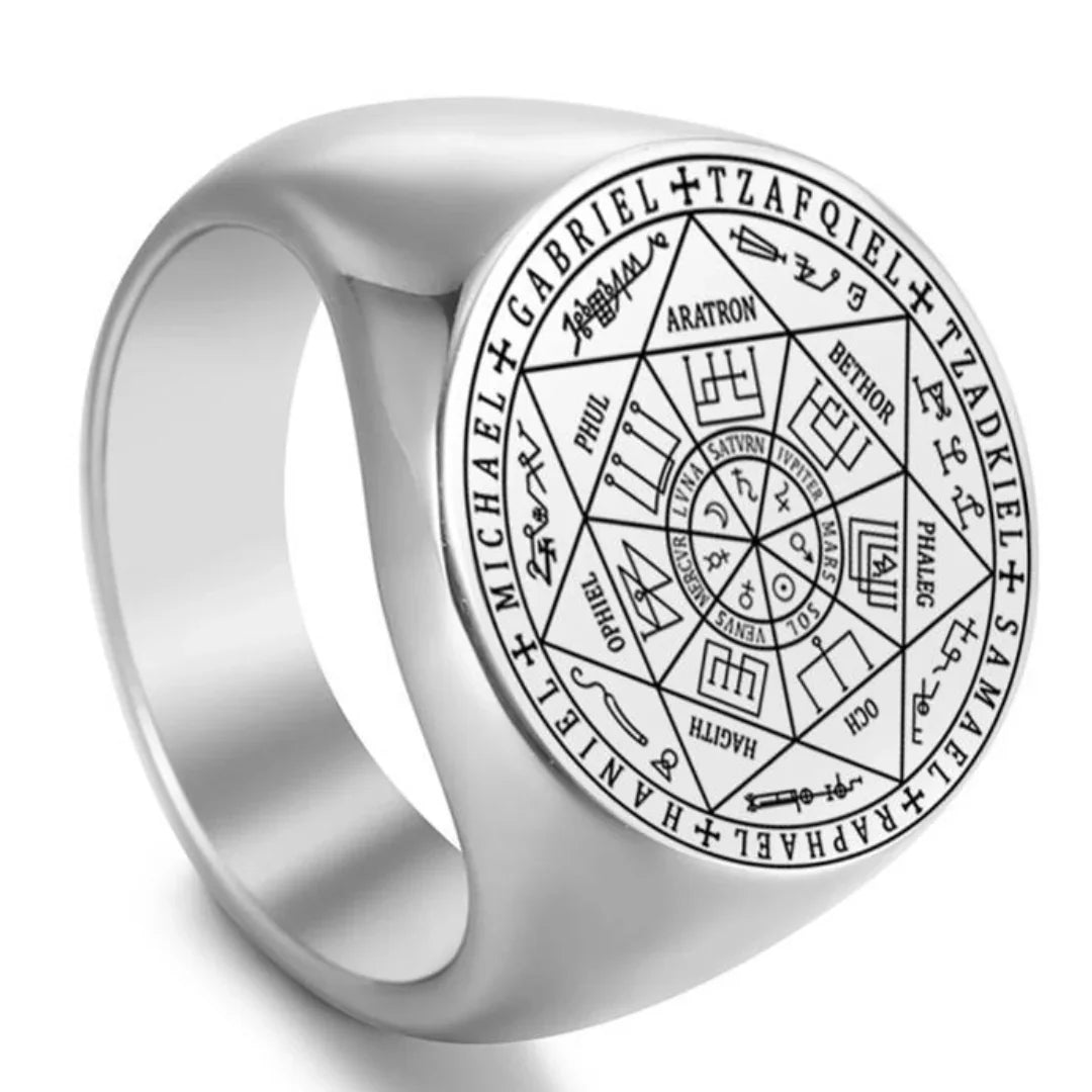 Vintage Titanium Seven Archangel Signet Ring - Amulet Against Evil Eyes, Curses, Spells