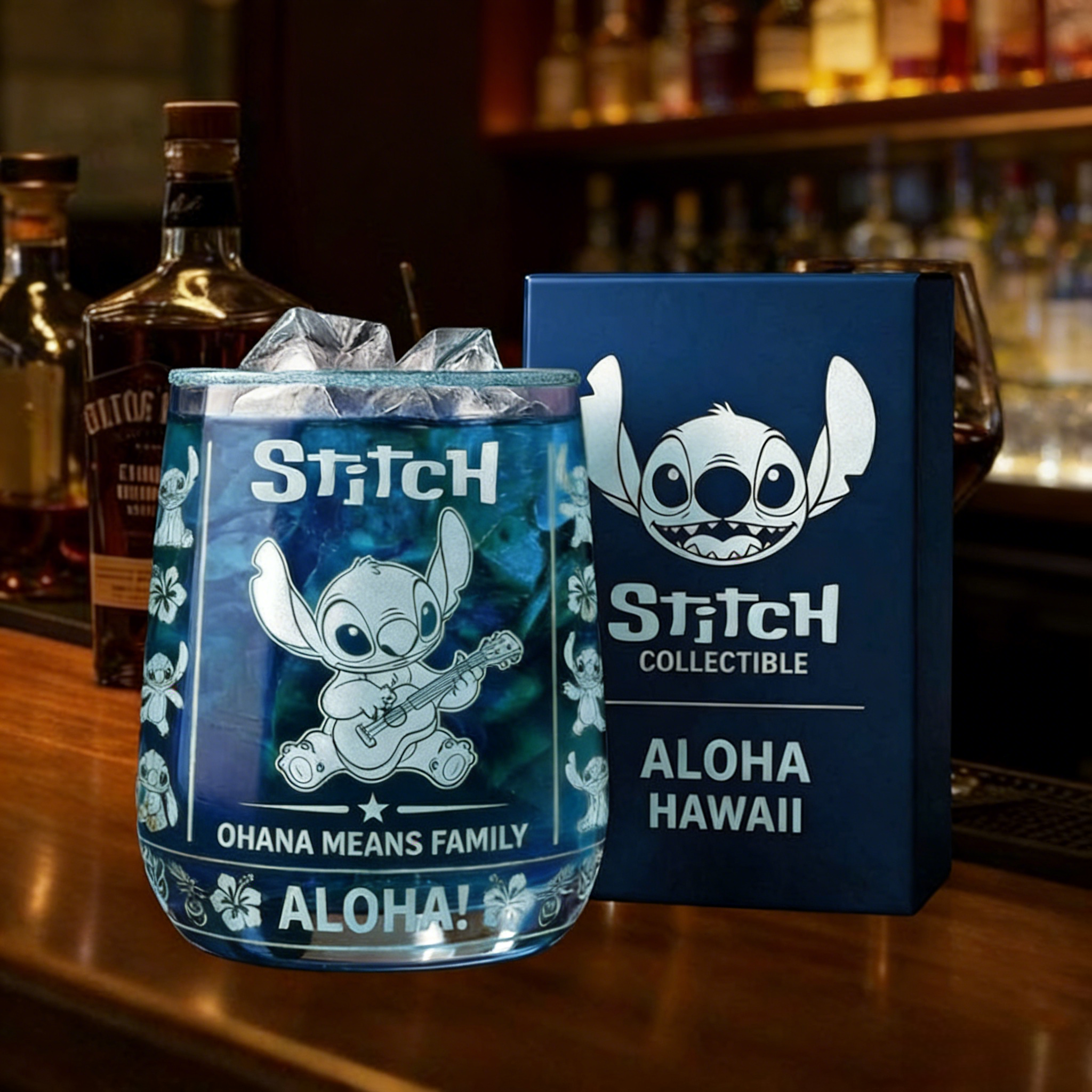 💙Stitch & 💗Angel "Ohana Means Family" Couple Whiskey Glasses | Aloha Collection🏆