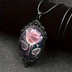 Charm Pink Flower Pendant Necklace Rose Pattern Glass Ellipse - A niche style suitable for Romantic Gifts and Special Occasions🏆