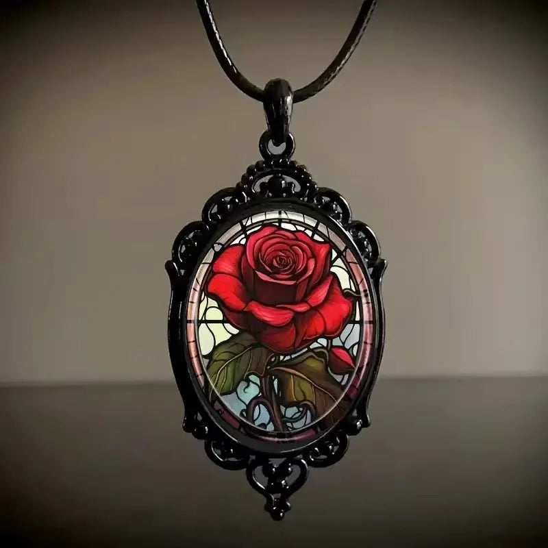 Charm Pink Flower Pendant Necklace Rose Pattern Glass Ellipse - A niche style suitable for Romantic Gifts and Special Occasions🏆