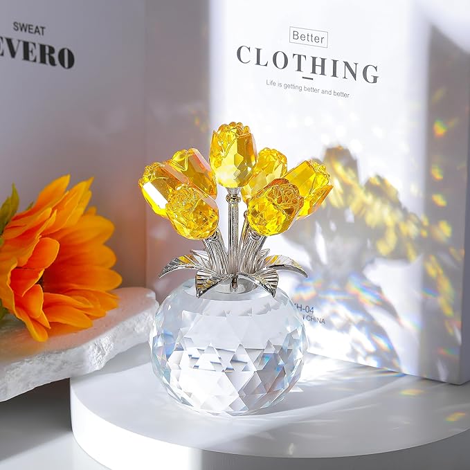 🔥Last Day 50% OFF - ❤️🌹Crystal Colorful Rose Flower Collectible Figurine with Vase💋
